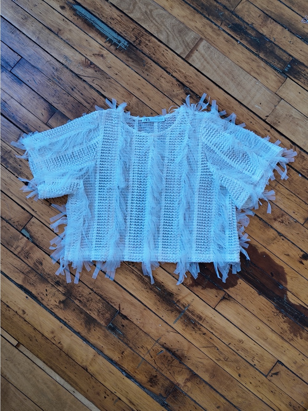 ZARA Sheer White Tulle Fringe Ribbon Textured Mesh Crop Top Small